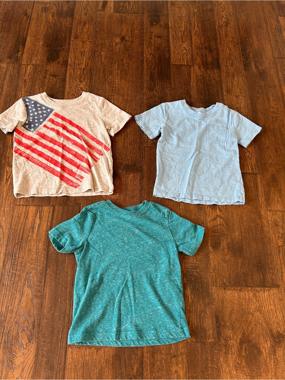Kids set of 3 Short Sleeve Tees in Teal, Light Blue, and gray with Flag Accent